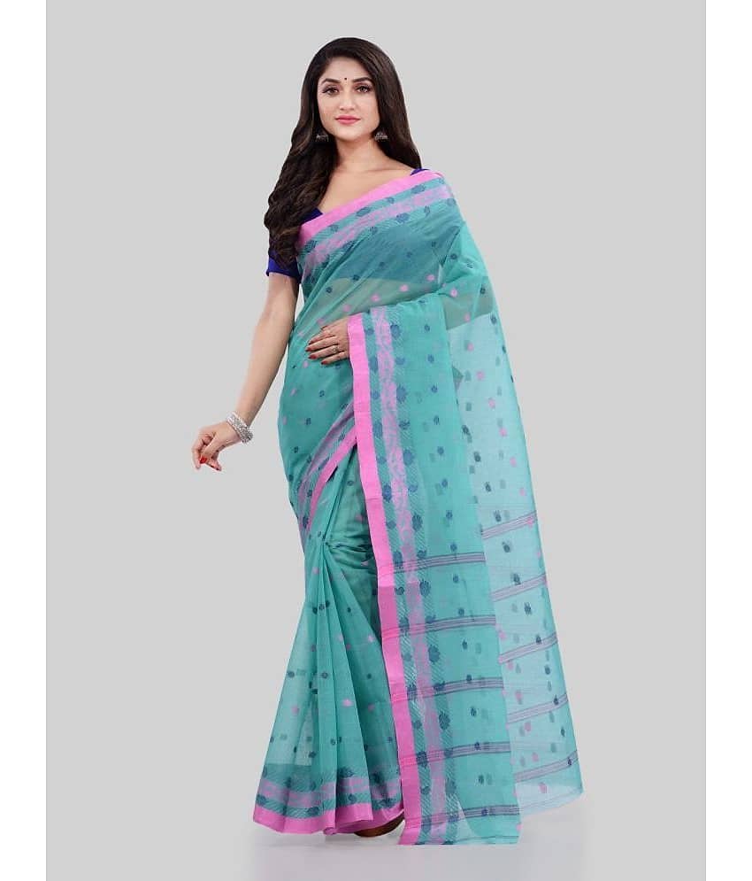 Desh Bidesh Cotton Embroidered Saree Without Blouse Piece ( Turquoise )