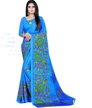 LEELAVATI Crepe Printed Saree With Unstitched Blouse Piece ( Blue )