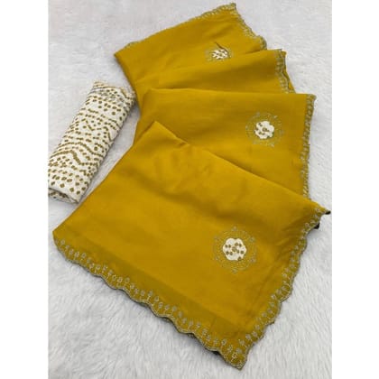 womens chiffon butti dotted saree with unstitched blouse 5mtr yellow pid64712