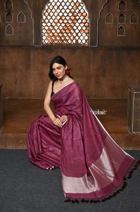 Parampara ~ Handloom Pure Linen Saree with Sleek Border in Rose Pink