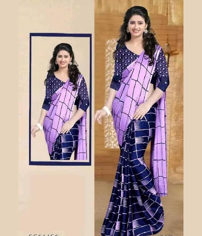 JIHANA FAB Chiffon Printed Saree With Unstitched Blouse Piece ( Blue )