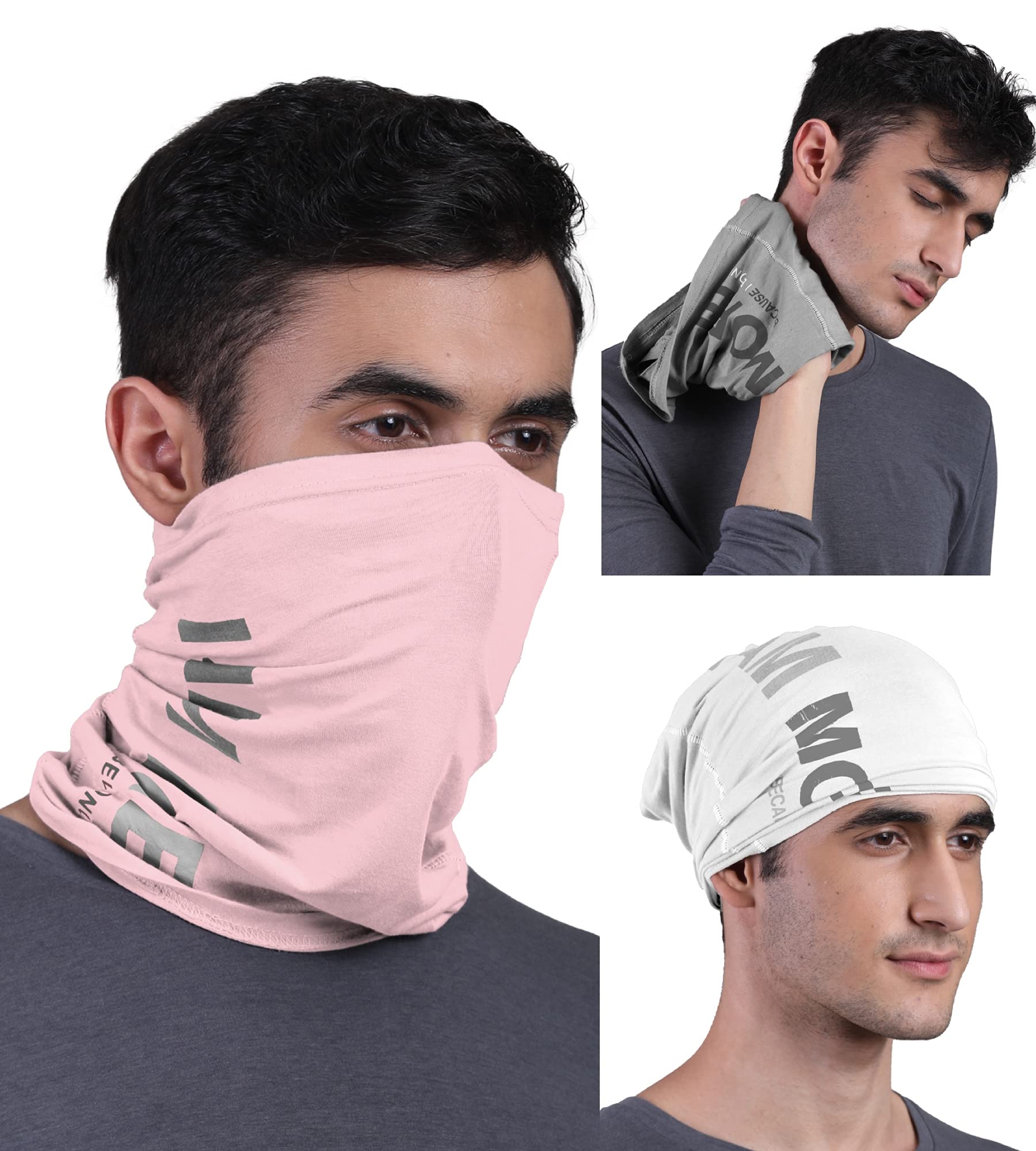 FREECULTR Unisex Bamboo Bandana, Anti Microbial Super Soft & Comfort Fit, Breathable Multipurpose Headband, Face Mask for Dust Protection and Sun - Printed Pack of 3-Charcoal,Pastle Peach,White