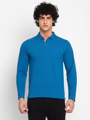 Full Sleeves Polo Collar T-Shirt with Pocket for Men - Mykonos Blue-4XL / Mykonos Blue