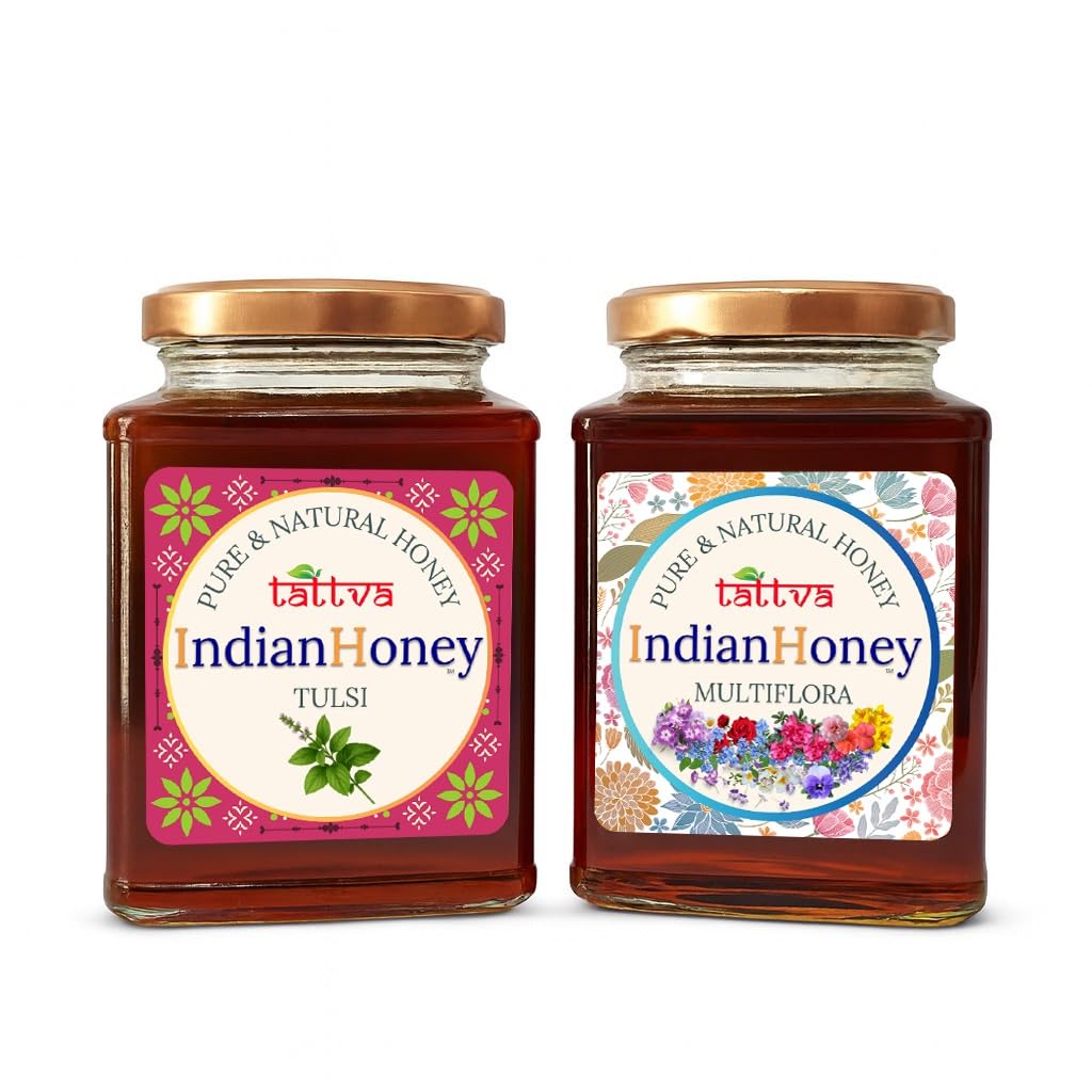 IndianHoney Himalayan Multiflora & Tulsi Honey Combo (Pack of 2) | Pure & Natural | 1kg (500g Each) | Unprocessed & Unfiltered Natural Sweetener
