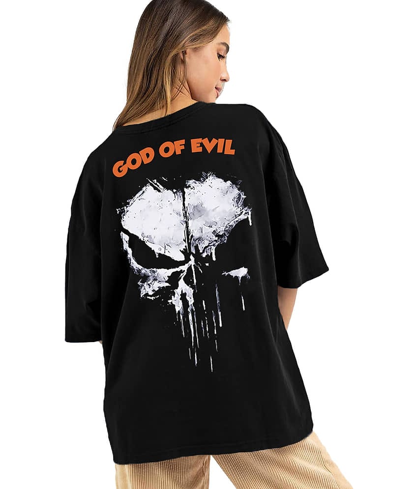 Leotude Women Cotton Blend Printed Oversized Fit Round Neck T-Shirt ( Black )