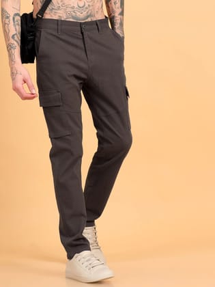 Men Cotton Regular Fit Cargo Trousers, Dark Grey-28 / Dark Grey