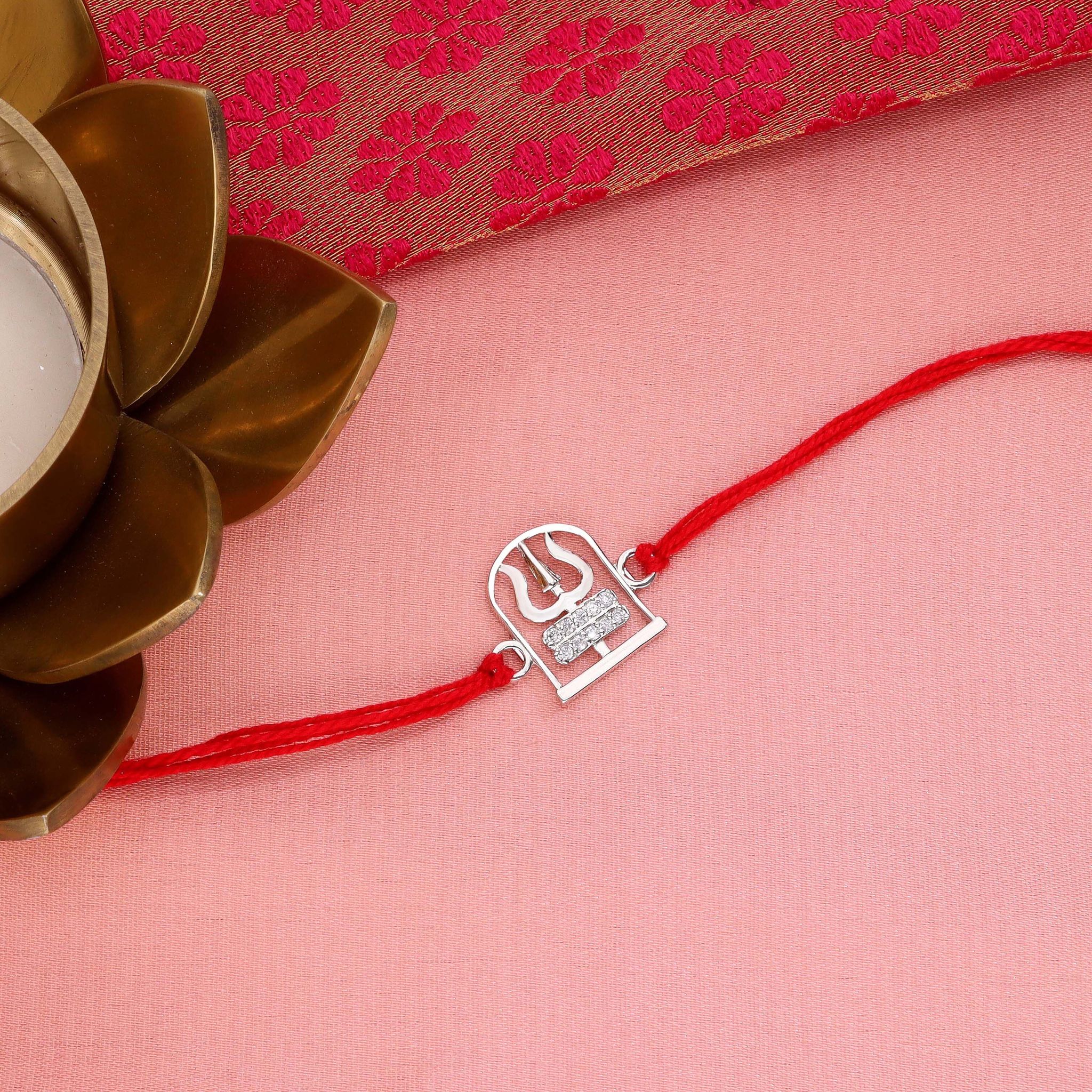 Sacred Trishul Damru Rakhi in Sterling Silver-White Stone / Silver