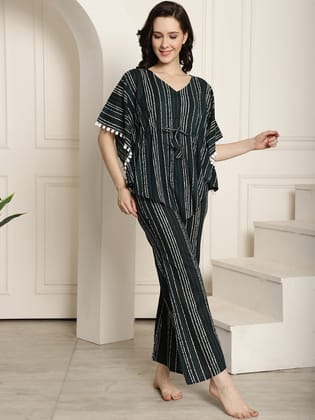 Green Striped Printed Cotton Kaftan Top With Pyjamas Nightsuit-s
