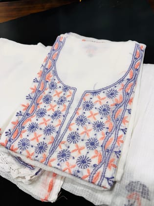 Tulip Handcrafted Kota Doria Unstitched Suit Fabric with Embroidery � White Base with Blue & Orange Floral Work Tulip Handcrafted Kota Doria Unstitched Suit Fabric with Embroidery � White Base with Blue & Orange Floral Work