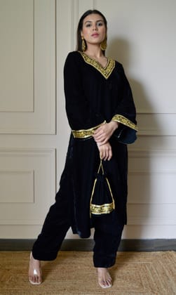 Black Velvet Kurta Set with Golden Lace V-Neckline and Bell Sleeves-XXS
