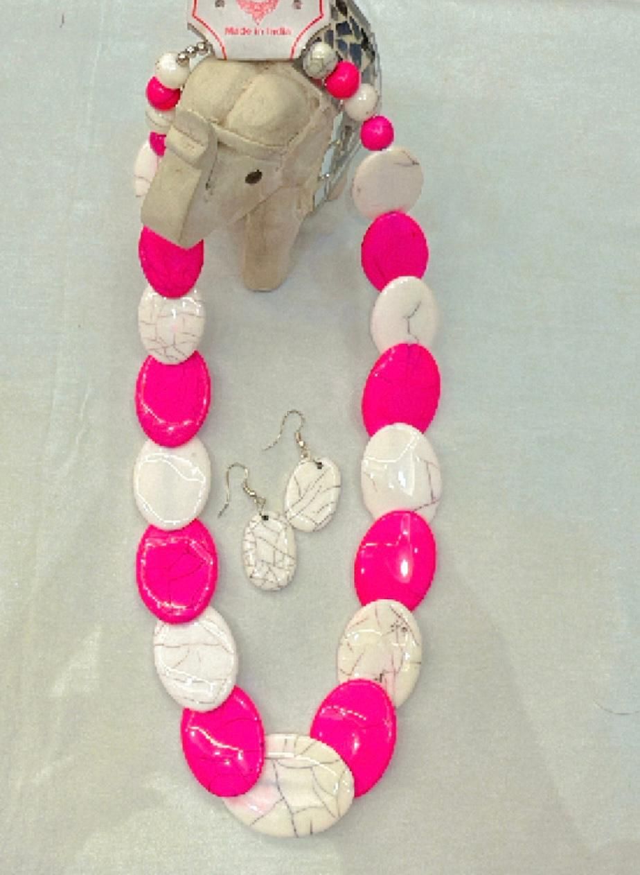 RNK Pink Oval Shape Beads Necklace Set