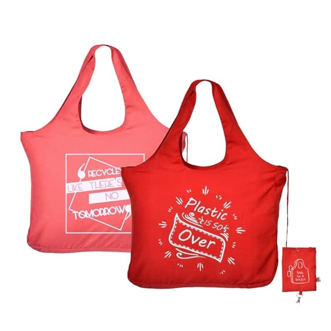 IVILLAGE Reusable Foldable Fabric Tote Bag Red Pink Pack of 2