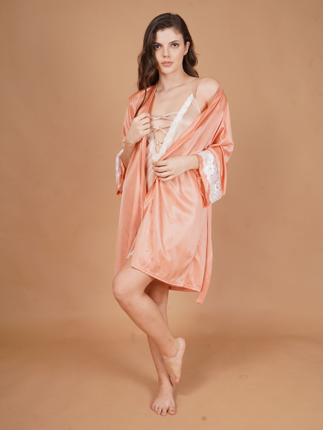 NET WITH SATIN LACE ROBE-XL / Pink