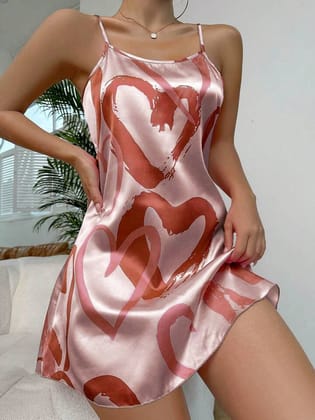 Heart Printed Contrast Binding Cami Night Dress-S / Dress With Bottom