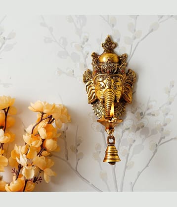 eCraftIndia Gold Toned Handcrafted Lord Ganesha Diya With Bell Showpiece