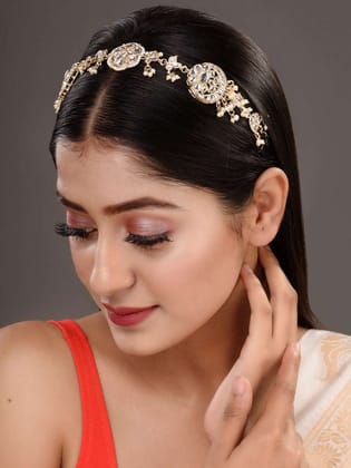 Gold Detailed uncut Kundan Pearl Beadded Floral ethnic Head Band