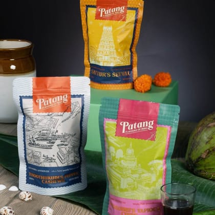 Patang Udaan of South India Snack Hamper (420g) | Trio of Sattur Seeval, Pepper Cashews & Tapioca Chips | Regional Gifting Box