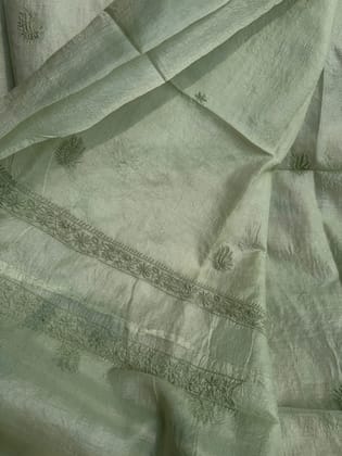 Pure Tussar Silk Chikankari Length with Dupatta - Sage Green-Sage Green / Tussar Silk / Cotton Threadwork Chikankari