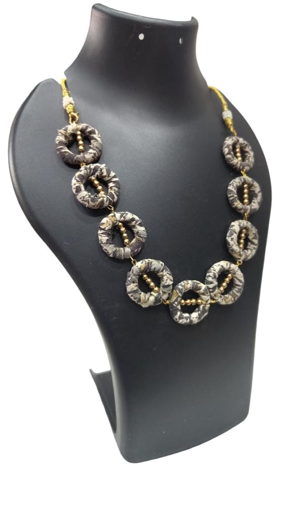 Oxidized hoop fabric necklace with golden beads