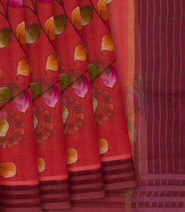 Red Woven Kota Silk Saree With Hand Painted Floral Motifs-Red-Red