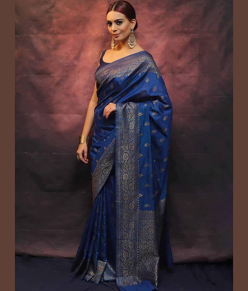 fab woven Art Silk Woven Design Banarasi saree With Unstitched Blouse Piece ( Navy Blue )