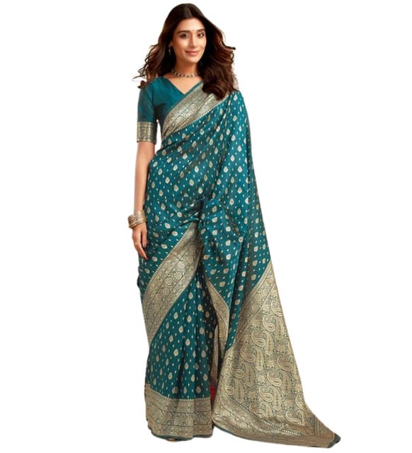 Generic Women's Jacquard Printed Saree with Unstitched Blouse Piece, Soft Lightweight 5.5 m Sari for Daily, Office and Wear (Teal, Design 67641)