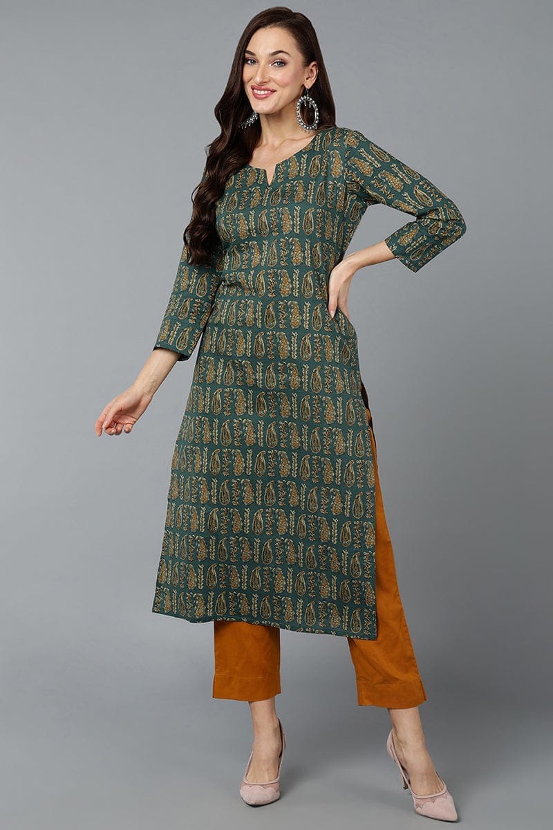 Cotton Blend Green Paisley Printed Straight Kurta VCK9282