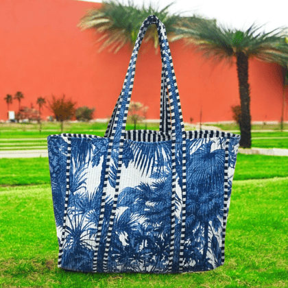 Handmade Quilted Tote Bag- Palm Tree Blue