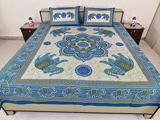 Bedsheet Set with Elephant Motifs, Ethnic Cotton, Blue, Green and Cream Colours,Size 210 cmX 226 cm, Best use at Single Bed and Deewan