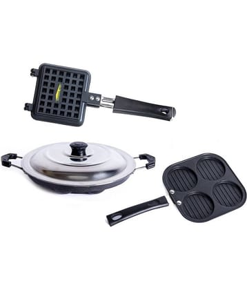 Homepro Non-Stick Set ,Appam Patra with Steel Lid 12 Cavity,Mini Uttapam 4 Cavity, Waffle Maker (Pack of 3)