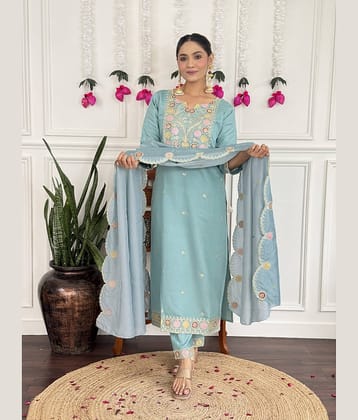 piludi Women Chanderi Embroidered Straight Kurti With Pants ( Blue )