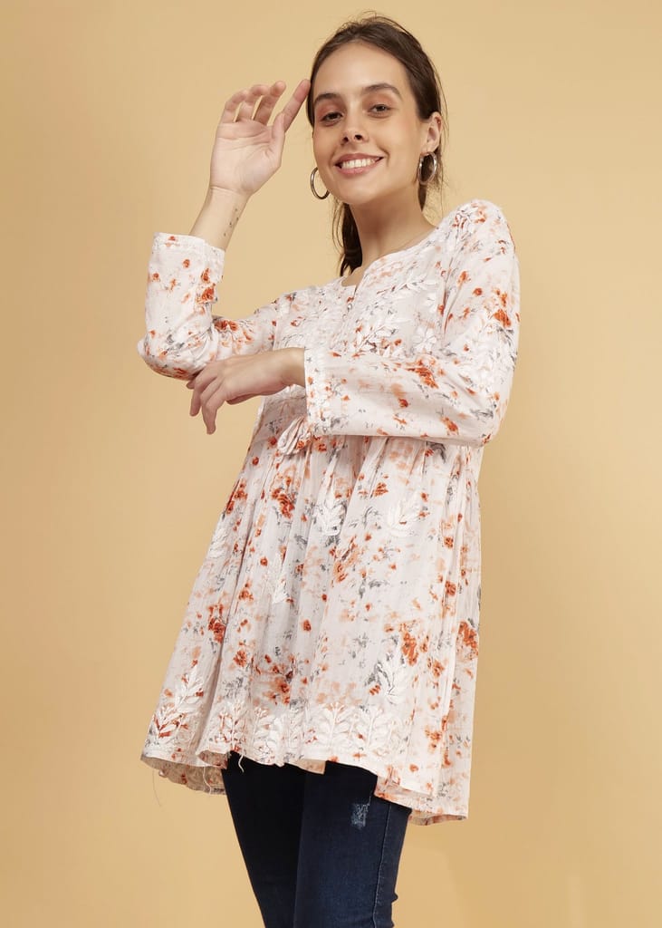 Mulmul Short Frock Style Kurti - Floral Print Orange