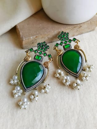 Antique Dual-Tone Peacock Pearl Earrings | Sarichka Fashion-Green