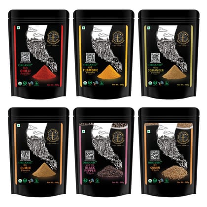 The Flavour Trail - Supersaver Combo Spices - Sustainably grown Red Chilli Powder + Organic - Turmeric Powder, Coriander Powder, Cumin Powder, Cumin Whole, Black Pepper Whole - 200 gms each, Coriander Whole - 150 gms.