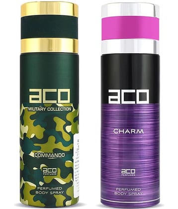 Aco Set of 2 Deodorant Body Spray, Commando For Men & Charm For Women, 200ml Each