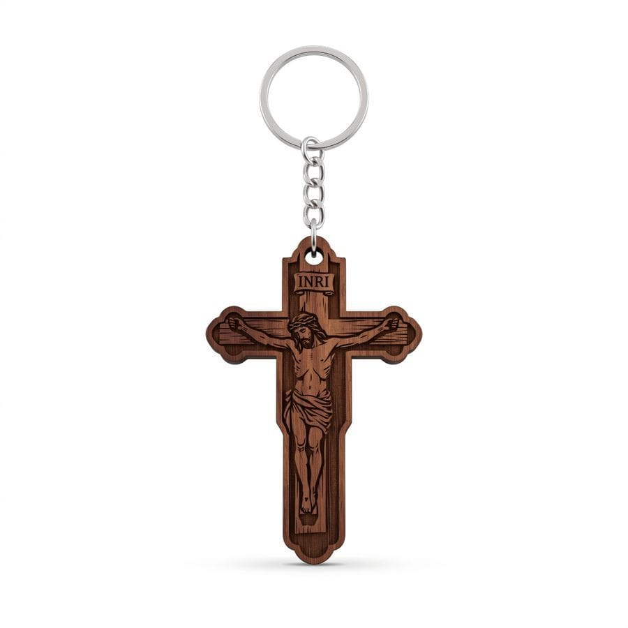 WOODEN CRUCIFIX KEYCHAIN