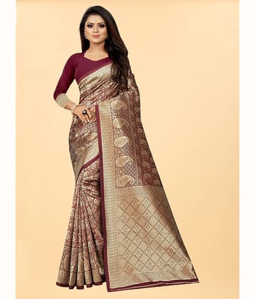 Gazal Fashions Banarasi Silk Embellished Saree With Unstitched Blouse Piece ( Maroon )