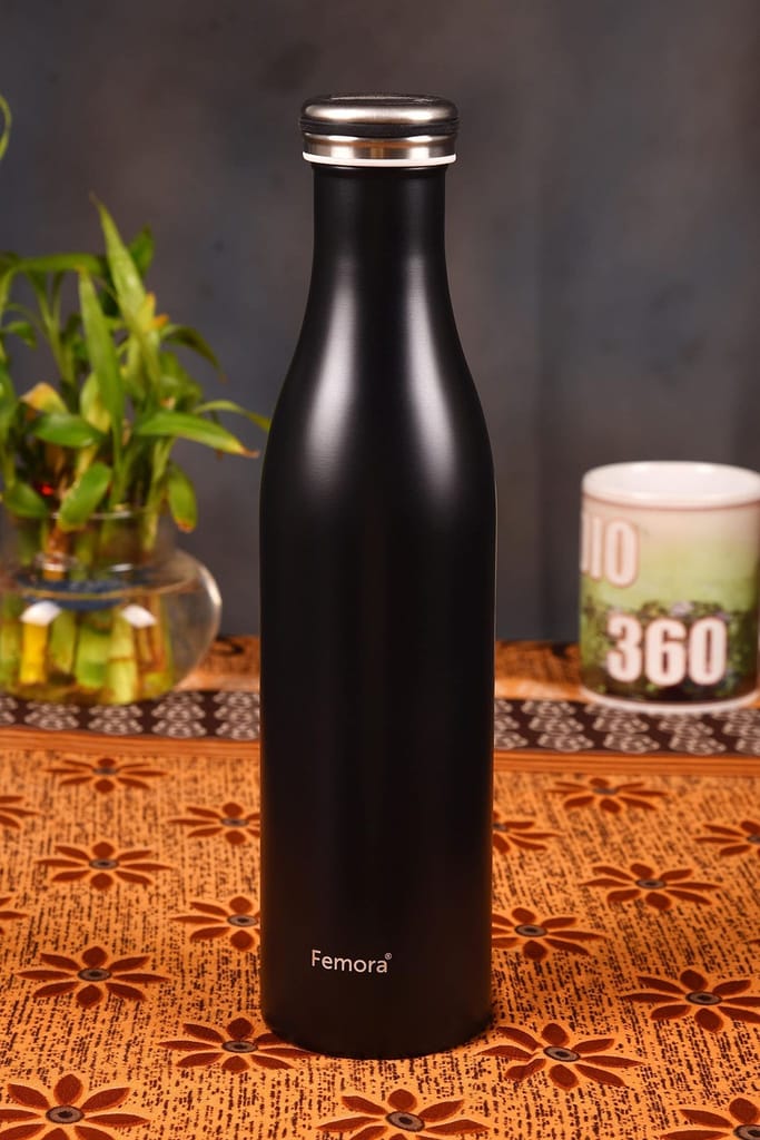 Femora Thermosteel Vacuum Cola Stainless Steel Bottle - 750 ML, Black, 12 hrs Hot and Cold