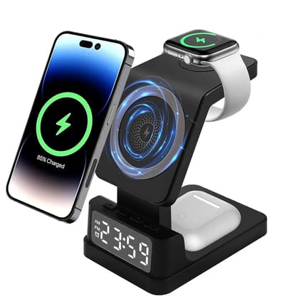 Muvit 20.5W 4 in 1 Magnetic Wireless MagSafe Charger for iPhone with Digital Clock, iWatch, AirPod-Black