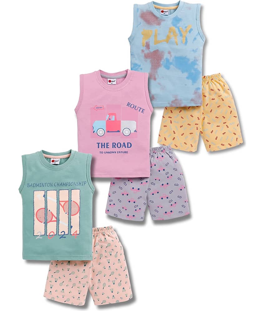 Mars Infiniti Pack of 3 Boys Cotton T-Shirt & Shorts Set ( Green,Blue,Pink )