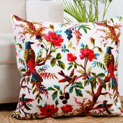 Birds of paradise Velvet Cushion Cover-White-12 x 12 inches / Plain Cotton Backing