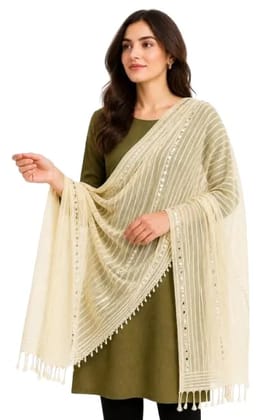 Organza Golden Color Dupatta With Mirror Work Striped Design Elegant Tassels Festive Ethnic Wear Dupatta For Women With Graceful Drape And Traditional Charm