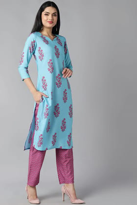 Blue Polyester Ethnic Motifs Straight Suit Set PKSKD1085 Blue Polyester Ethnic Motifs Straight Suit Set PKSKD1085
