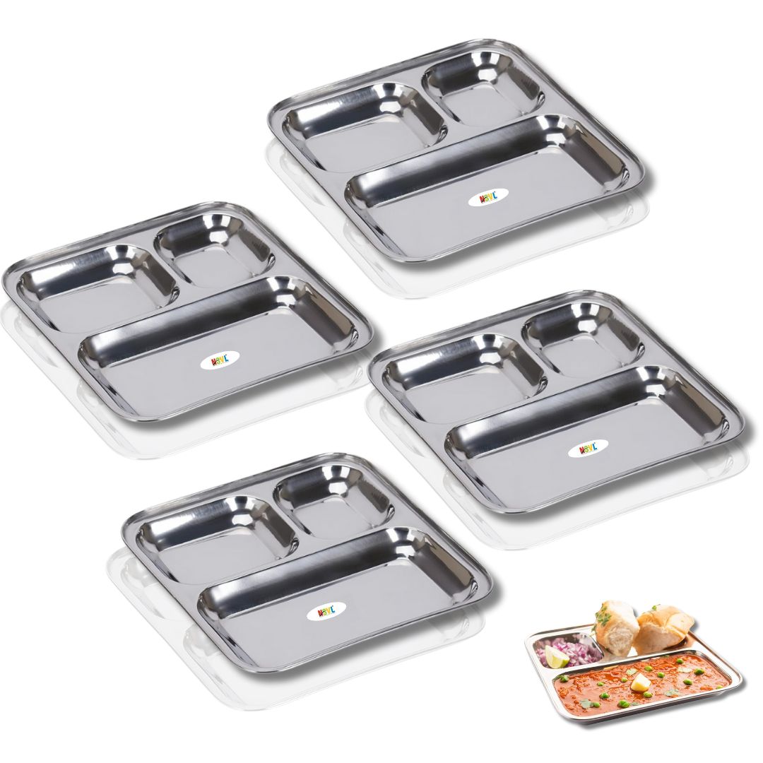Nsvl Stainless Steel 2-in-1 Compartment Pav Bhaji/Appetizer/Snacks Plate-PACK OF 4