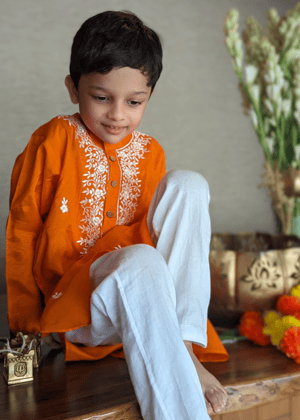 Embroidered Viscose Silk Kurta for Boys, Men | Orange-0-6m