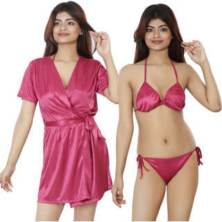 Nivcy Women Solid Satin Nightwear Robe and Lingerie Set Dark Pink Small
