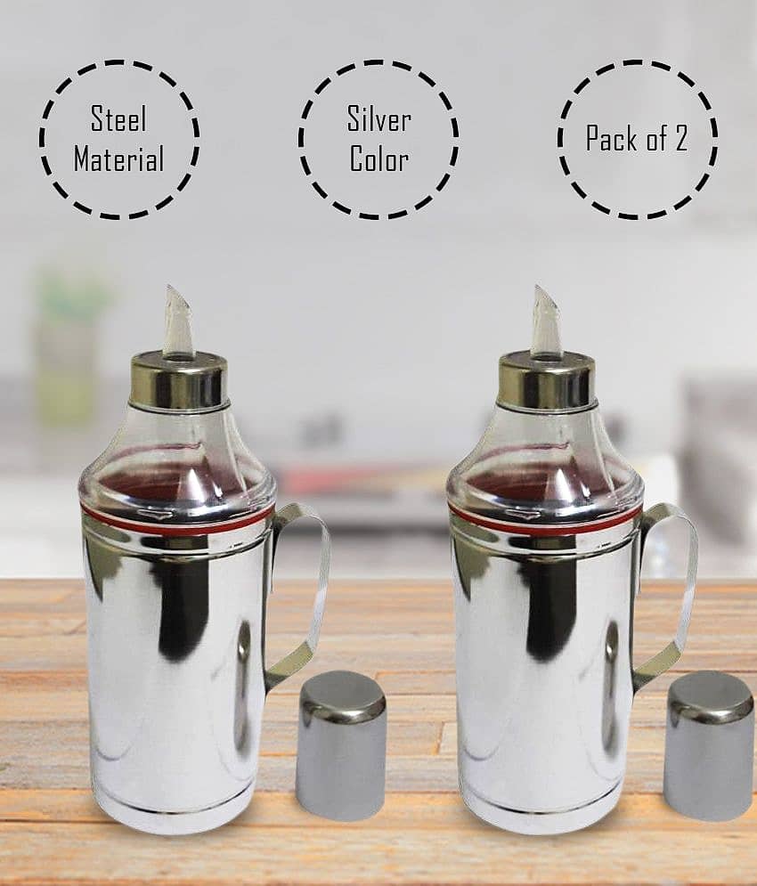 Dynore oildropperwithhandle Steel Silver Oil Container ( Set of 2 )