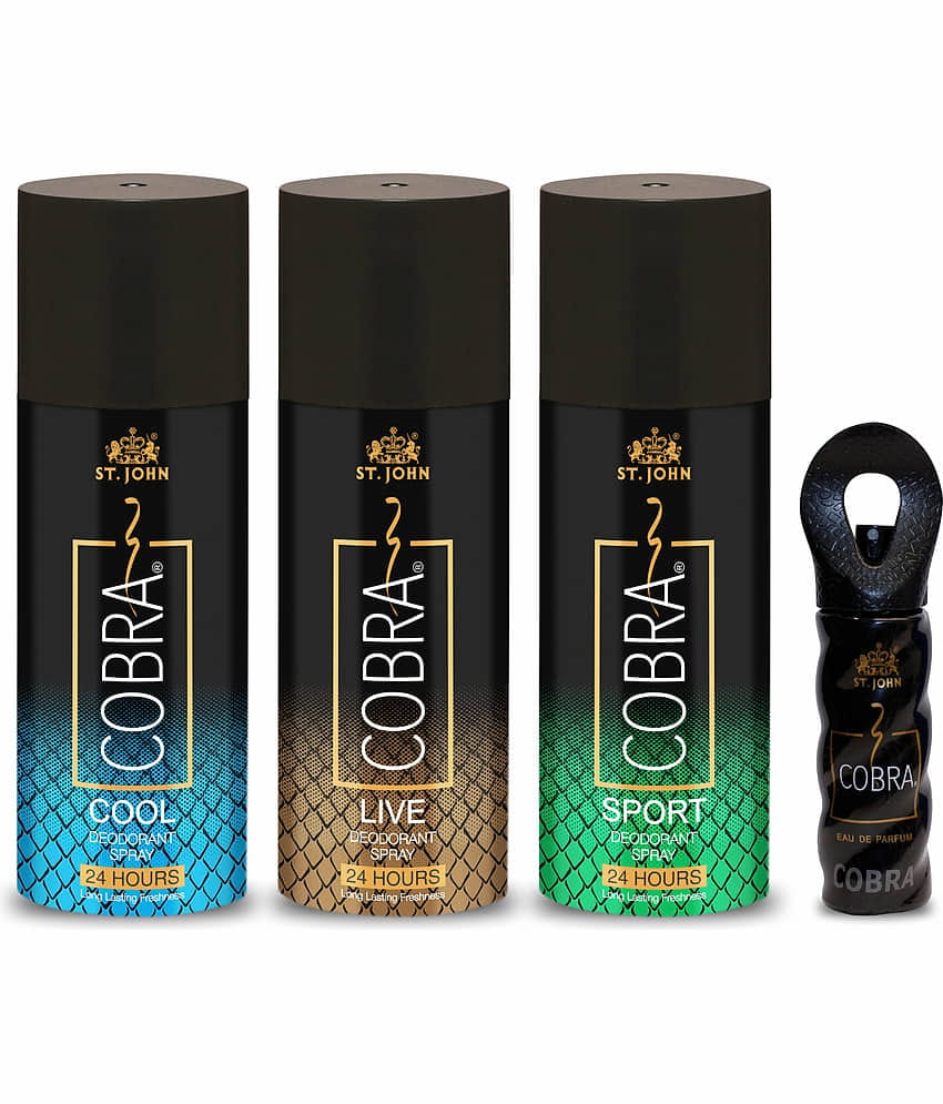 Vi-John Live,Cool,Sports 150ml Each & Cobra 15ml Deodorant Spray & Perfume for Men,Women 480 ml ( Pack of 4 )