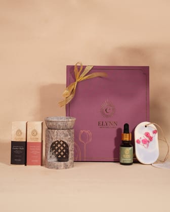 Elynn Apothecary Modern Home Fragrance Gift Set (4 Pcs) | with Carved Stone Diffuser, 2 Essential Oils & Wax Freshener | Aromatherapy