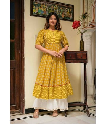 Yash Gallery Cotton Printed Anarkali Women's Kurti - Mustard ( Pack of 1 )